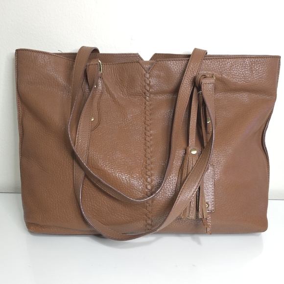 DIBA TRUE Brown 100% Pebbled Leather Double Strap Tasseled Western Shoulder Bag - Picture 1 of 16